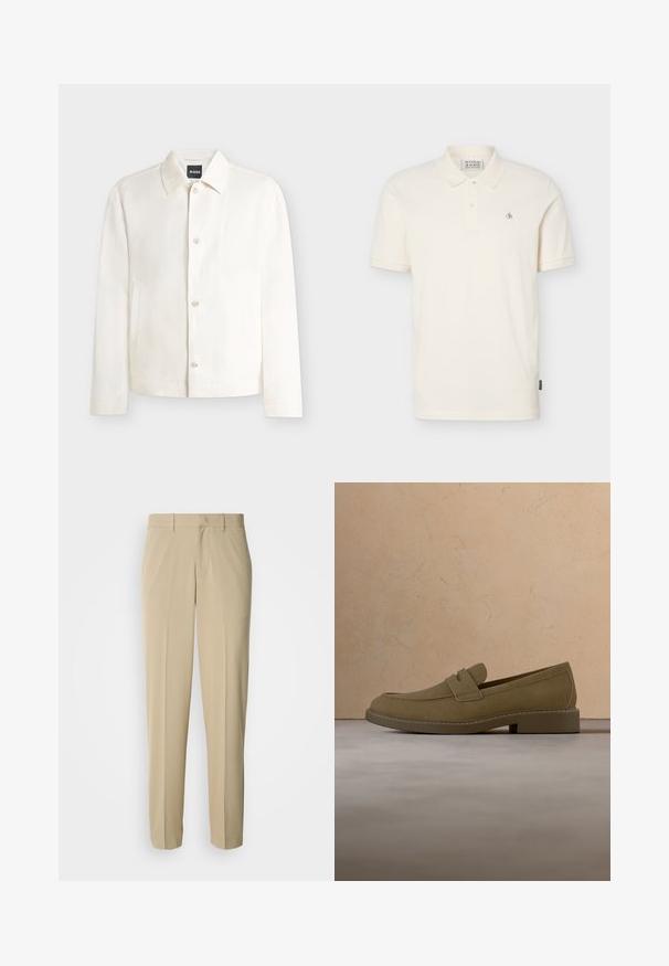 Veste blanche à manches longues avec col et poches latérales, présentée sur un fond uni.; Polo écru à manches courtes avec deux boutons, petit logo sur la poitrine gauche et col, présenté sur un fond uni.; Pantalon beige à jambes droites, confectionné dans un tissu lisse, avec un devant plat et sans poches ni ornements visibles.; Mocassin en daim marron flottant au-dessus d'un tapis beige texturé dans un salon avec une table basse en bois et des livres empilés.
