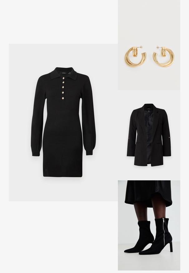 Blazer negro entallado con mangas largas, solapas de muesca, bolsillos frontales y forro de satén. Presenta detalles dorados en los botones de las mangas.; Vestido negro de punto con mangas largas, cuello con solapa y cinco detalles de botones dorados en la parte delantera. Ajuste Slim con una textura suave.; Botas negras hasta el tobillo con un cuerpo de tela elástica, punta afilada y cierre lateral de cremallera, sobre un tacón fino y alto.; Par de pendientes de aro doble brillante de oro con cierres de presión sobre un fondo blanco.