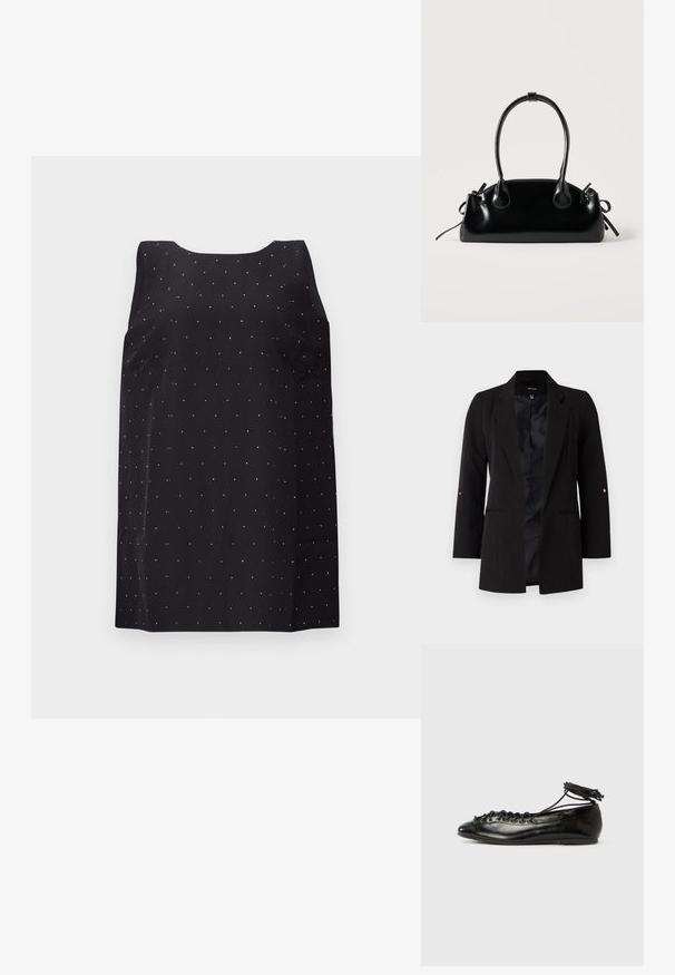 Blazer noir ajusté avec des manches longues, des revers crantés, des poches avant et une doublure en satin. Présente des accents dorés sur les boutons des manches.; Robe noire sans manches avec un col rond, ornée d'un motif dispersé de petits points argentés brillants sur le tissu.; Ballerines en cuir verni noir avec un bout rond, un design à lacets et une semelle plate. Texture lisse avec peu de détails.; Petit sac à main noir brillant avec deux longues anses et des détails à cordon sur les côtés sur un fond clair uni.