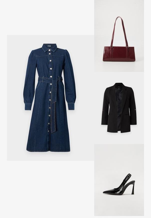 Sort skræddersyet blazer med lange ærmer, spidse klapper, frontlommer og et satinfor. Har guld accenter på ærmeknapperne.; Mørkeblå denimkjole med lange ærmer, knaplukning foran, krave og et matchende bælte i taljen; har subtile syninger og lommer.; Sorte patenterede lædersædler med spidse tæer, slank høj hæl og dobbelt elastisk rem for sikker pasform. Glat, skinnende overflade.; Bordeaux håndtaske lavet af glansfuldt materiale, rektangulær form, med to skulderremme og subtile buede detaljer på forsiden.