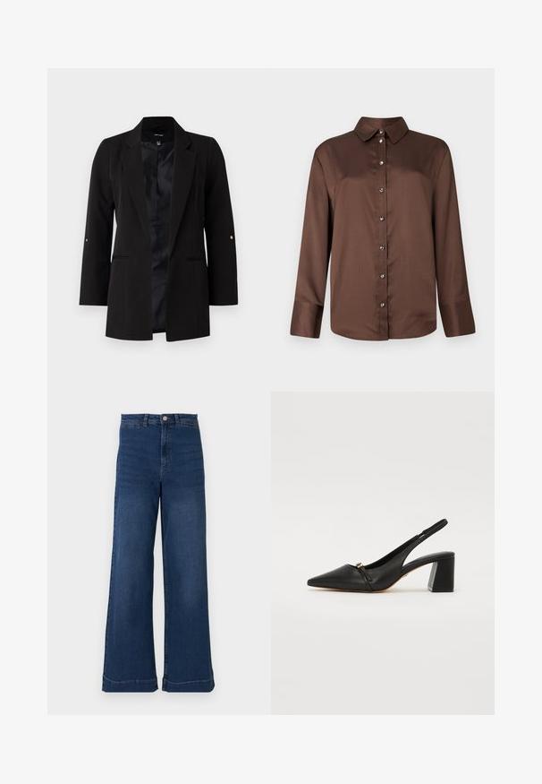 Blazer noir ajusté avec des manches longues, des revers crantés, des poches avant et une doublure en satin. Présente des accents dorés sur les boutons des manches.; Chemise marron à manches longues avec des boutons, dotée d'un col classique, avec des boutons argentés et un tissu lisse et texturé.; Jean en denim bleu à jambes larges avec une taille haute, présentant une fermeture à bouton à l'avant, cinq poches et des détails de coutures subtils.; Chaussure à talon en cuir noir, modèle slingback avec un bout pointu, une petite bride à l'avant et un talon bloc. Texture lisse avec des détails en accents dorés.