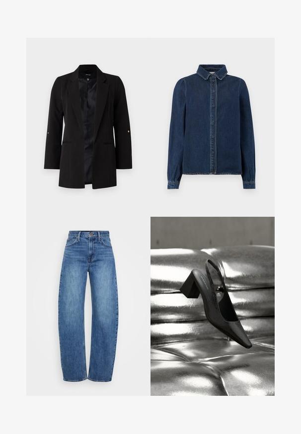 Sort skræddersyet blazer med lange ærmer, spidse klapper, frontlommer og et satinfor. Har guld accenter på ærmeknapperne.; Mørkeblå denimskjorte med klassisk krave, frontknapper og lange ærmer med samlede manchetter. Har kontraststing overalt.; Lyseblå denim jeans med lige snit, høj talje, fem lommer og knappet lukning. Har diskret falming og klassiske syninger.; Sort slingback-hæl med spids tå, der har en tekstureret overflade og en chunky blokhæl. Lagt mod en skinnende, metallisk baggrund.