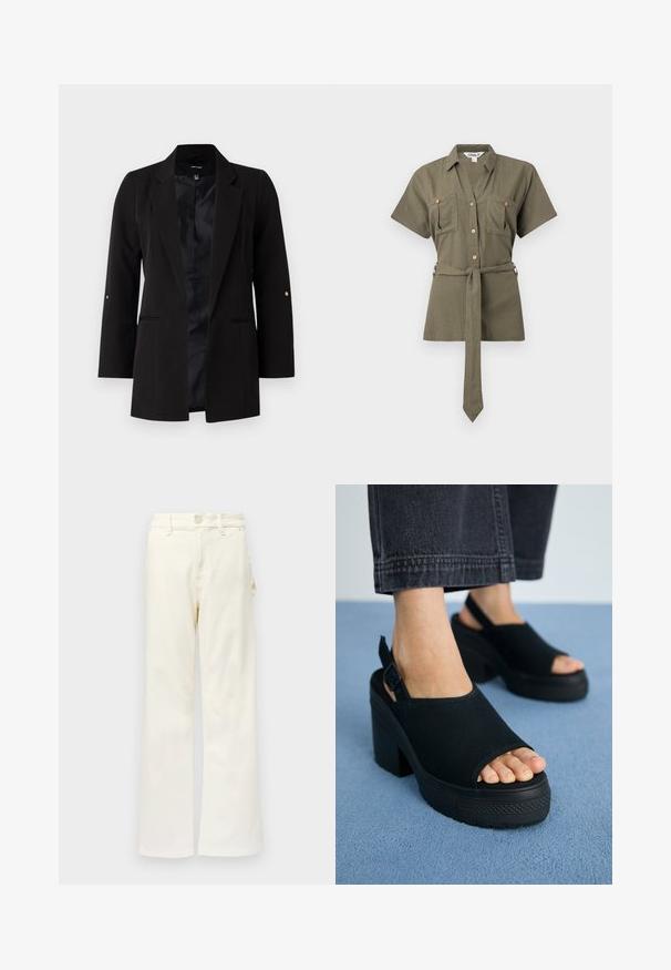 Sort skræddersyet blazer med lange ærmer, spidse klapper, frontlommer og et satinfor. Har guld accenter på ærmeknapperne.; Kortærmet skjorte i olivengrøn med krave, to brystlommer med knapper og et matchende bindebælte i taljen.; Good American GOOD 90S CARPENTER - Wide leg - white denim; Sorte stof platform sandaler med åben tå og slingback-rem. Struktureret gummiydersål, mat finish og let hælhøjde.