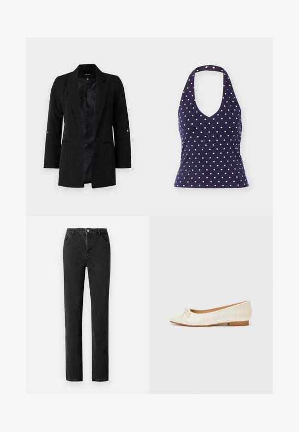 Blazer negro entallado con mangas largas, solapas de muesca, bolsillos frontales y forro de satén. Presenta detalles dorados en los botones de las mangas.; Top halter azul marino con lunares blancos, escote en V y cintura ajustada, presentado sobre un fondo liso.; Jeans de mezclilla negra con una cintura alta, diseño de pierna recta, cinco bolsillos y cierre de botón con herrajes de metal.; Bailarina de piel crema con puntera redondeada y un pequeño lazo en la parte delantera. Cuenta con un bajo tacón de goma color marrón y una textura suave.