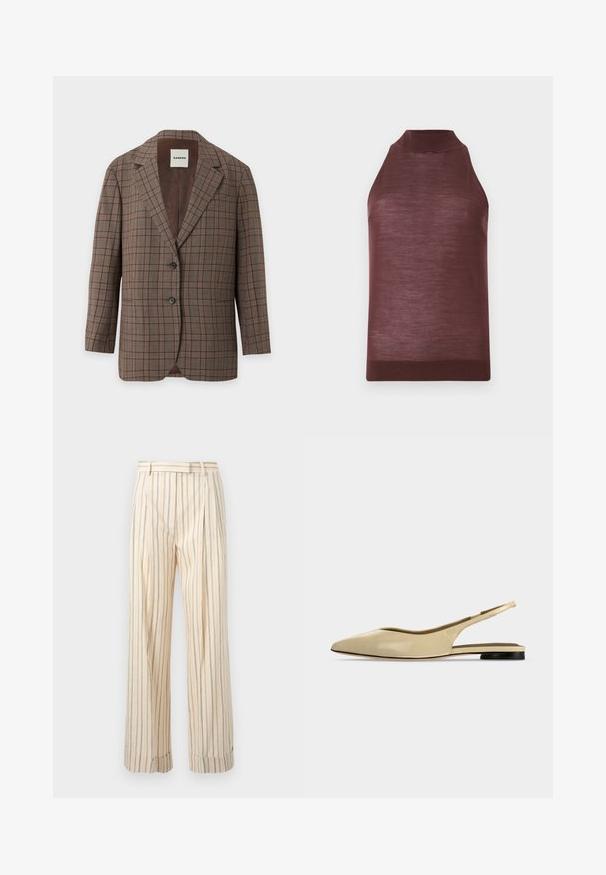 Blazer à carreaux marron avec deux boutons, col à revers cranté et poche poitrine, doublé à l'intérieur d'un tissu lisse brun foncé.; Top tricoté marron sans manches avec col haut et ourlet côtelé, présenté sur un fond clair uni.; Pantalon beige taille haute avec fines rayures verticales noires, brunes et rouges, équipé de poches latérales et d'ourlets retroussés.; Chaussure plate beige à bout pointu avec bride arrière, petit talon noir et finition en cuir lisse, vue de côté sur un fond uni.