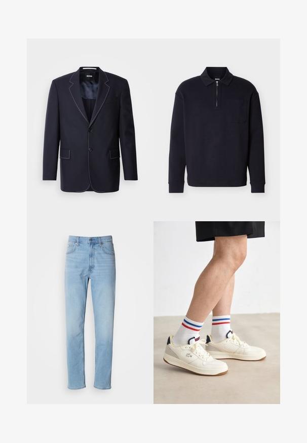 Blazer azul marino hecho de tela, con costuras en blanco que contrastan a lo largo de las solapas y los bordes, con dos bolsillos frontales y un cierre de un solo botón.; Polo de manga larga negro hecho de tela suave, con cuello con cremallera, un bolsillo en el pecho y un diseño clásico de cuello.; Jeans de mezclilla azul claro con un corte recto, cinco bolsillos y trabillas para cinturón. La tela presenta una textura suave con un ligero efecto de desvanecimiento.; Zapatillas de cuero blancas con paneles laterales perforados, acentos en beige y suelas de goma marrón, combinadas con calcetines blancos con rayas rojas y azules.