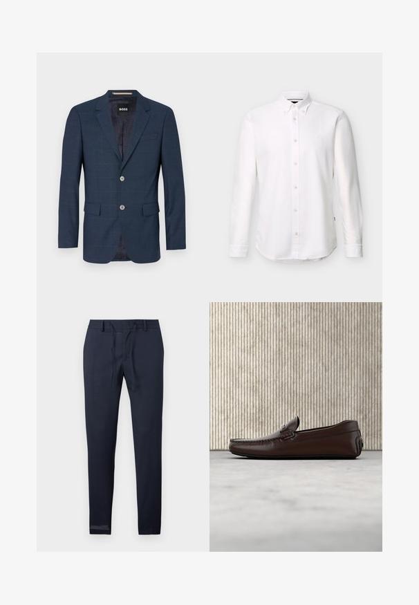 Blazer bleu marine avec un tissu texturé, arborant un motif en quadrillage, deux boutons et des poches. L'intérieur est doublé d'un matériau à motif subtil.; Chemise blanche à manches longues avec col boutonné et petit logo brodé sur la poitrine gauche.; Pantalon bleu marine ajusté avec passants pour ceinture, taille à cordon de serrage, et coupe slim.; Mocassins en cuir marron avec une finition lisse, des coutures de style mocassin, un bout rehaussé et une semelle en caoutchouc basse et flexible.