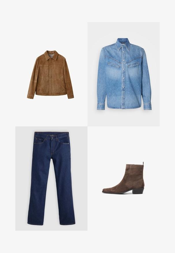 Veste en daim marron avec col, poches avant et coutures visibles, disposée à plat sur un fond blanc.; Chemise en denim bleu clair avec manches longues, col pointu, deux poches poitrine et fermeture boutonnée sur le devant. Comprend des boutons blancs et des coutures contrastées.; Jeans droite bleu foncé avec cinq poches, fermeture à boutons et à glissière, et coutures orange sur un fond clair.; Bottine en daim marron avec un bout pointu, un petit talon carré et une boucle à l'arrière pour un enfilage facile. Texture lisse et design simple.