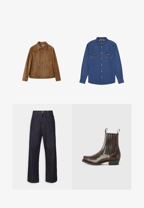 Veste en daim marron avec col, poches avant et coutures visibles, disposée à plat sur un fond blanc.; Chemise en denim bleu à manches longues avec boutons sur le devant, deux poches poitrine à rabats avec boutons-pression métalliques, et coutures contrastantes visibles.; Jean en denim droit bleu foncé avec des coutures jaunes, bouton frontal, fermeture éclair, et cinq poches.; Bottine en cuir marron avec une finition lisse, des panneaux élastiques sur les côtés, un bout rond, des coutures décoratives et un petit talon carré.