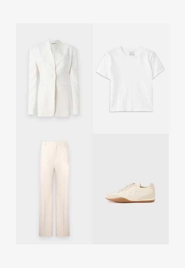 Blazer blanc ajusté avec un bouton unique, revers en pointe, deux poches avant et une poche poitrine. Tissu lisse avec une silhouette structurée.; T-shirt en coton blanc avec un col rond, des manches courtes et un ourlet droit. Étiquette marquée "Won Hundred" au centre de l'encolure.; Pantalons beige ajustés avec une coupe droite, fabriqués en tissu léger. Dotés de plis avant et d'une taille classique.; Baskets beige clair avec une tige en cuir texturé, des panneaux latéraux texturés et une semelle en caoutchouc. Dotées d'un design fin et épuré ainsi que de lacets plats.