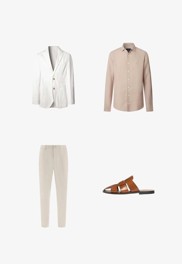 Blazers de lino blanco con solapa muesca, dos bolsillos frontales y dos botones dorados. Interior sin forro con un diseño limpio y minimalista.; Camisa de hombre beige de manga larga con botones, cuello, pequeño logo bordado en el pecho y botones blancos en la parte delantera.; Pantalones beige claro a medida con pinzas delanteras, trabillas para cinturón, cierre de botón y pierna estrecha.; Sandalia de cuero marrón sin cordones con tiras horizontales anchas y suela plana negra, mostrada de perfil sobre un fondo blanco.