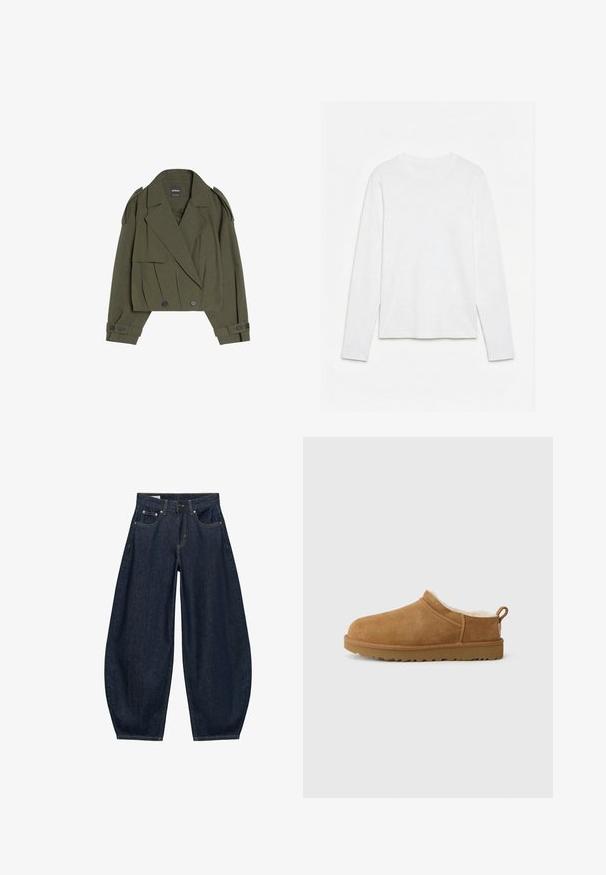 Veste courte vert olive avec fermeture croisée, larges revers, épaulettes et poignets boutonnés, en tissu texturé.; T-shirt blanc uni à manches longues et col rond, posé à plat sur une surface blanche, montrant l'avant et la longueur complète des manches.; Jean en denim bleu foncé à jambes larges avec poches avant, passants de ceinture et fermeture par bouton à la taille.; Chaussure mocassin en suède marron avec une douillette doublure en fourrure blanche, semelle plate en caoutchouc, bout arrondi et petite languette au talon.
