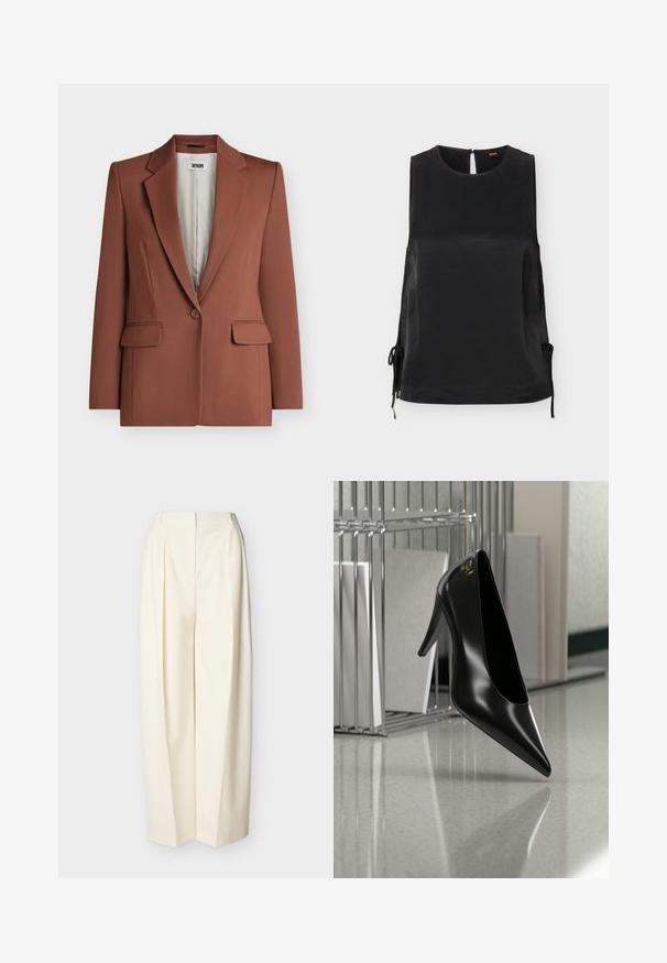 Blazer marron à un bouton avec revers crantés, poches à rabat et doublure intérieure beige clair de la marque Drykorn.; Blouse sans manches en satin noir avec encolure ronde, détails noués sur les côtés et fermeture par boutons au dos.; Pantalon crème à taille haute et jambes larges avec plis devant, fermeture éclair avant dissimulée et passants pour ceinture.; Chaussure noire à talon haut avec bout pointu et logo doré, posée sur une surface réfléchissante près d'un organiseur de dossiers en fil chromé contenant des documents.