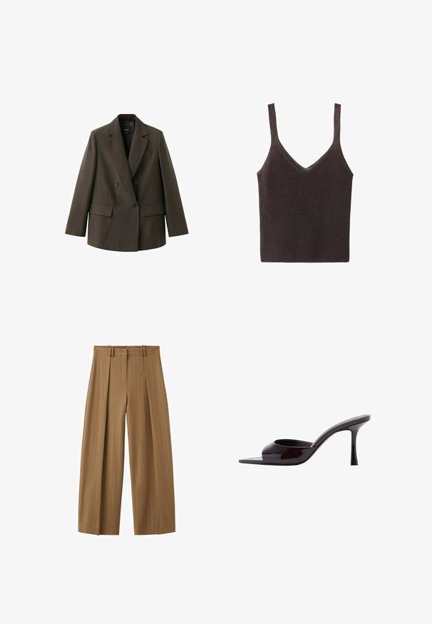 Blazer croisé marron foncé avec larges revers, deux poches à rabat sur le devant et deux boutons noirs de chaque côté, posé à plat sur un fond blanc.; Débardeur tricoté marron sans manches avec un col en V, présentant une texture lisse légèrement brillante et une silhouette ajustée.; Pantalon marron taille haute à jambes larges avec fines rayures, plis sur le devant, passants pour ceinture et fermeture éclair dissimulée sur le devant.; Mule en cuir verni noir à bout ouvert avec un talon stiletto fin de hauteur moyenne et une bride supérieure basse.