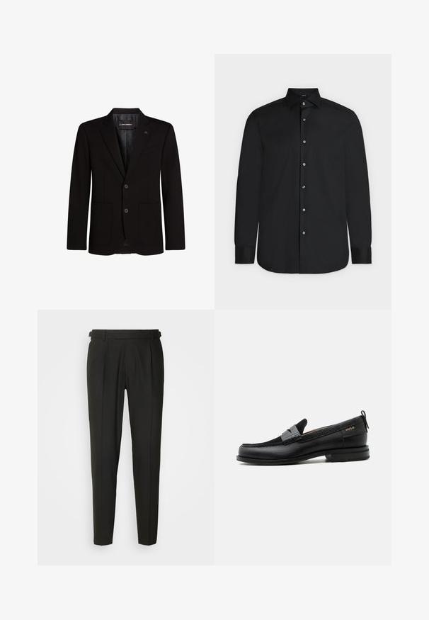 Zwarte blazer van gladde stof, met twee voorzakken, schouderflappen, een sluiting met twee knopen en een subtiele logo-accent op de lapel.; Zwart shirt met lange mouwen met knopen, puntige kraag en witte knopen, plat weergegeven op een lichte achtergrond.; Zwarte op maat gemaakte broeken met een vlakke voorkant, twee plooien, riemlusjes en een rechte pijpdesign. Gemaakt van een gladde, lichtgewicht stof.; Zwarte leren loafer met grijs riemdetailelement, lage hak en gestructureerde zool, aan de zijkant gebrandmerkt met "HUGO" in goud.