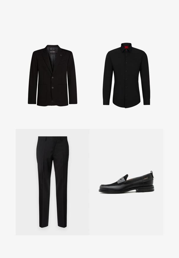 Blazer noir en tissu lisse, avec deux poches avant, revers crantés, fermeture à deux boutons et un accent logo subtil sur le revers.; Chemise noire à manches longues avec un devant boutonné, col classique et ourlet arrondi ; comporte des boutons noirs et un logo rouge à l'intérieur du col.; Pantalons noirs ajustés en tissu lisse, présentant une jambe droite, des détails de pli raffinés et une taille classique avec passants de ceinture.; Mocassin en cuir noir avec détail de bride grise, talon bas et semelle texturée, marqué "HUGO" en or sur le côté.