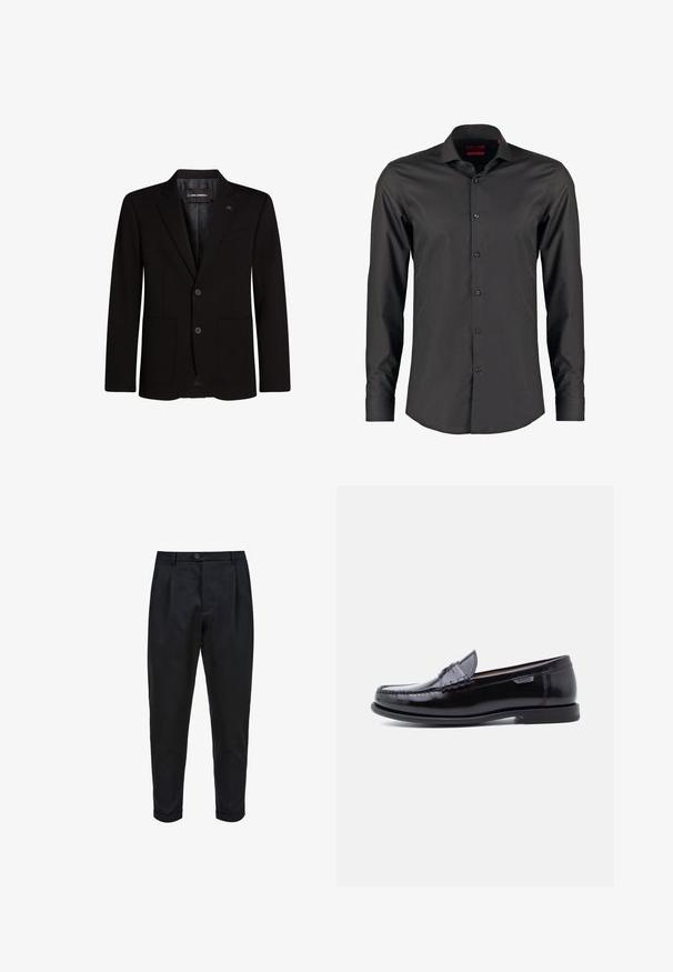 Blazer noir en tissu lisse, avec deux poches avant, revers crantés, fermeture à deux boutons et un accent logo subtil sur le revers.; Chemise noire à manches longues avec une coupe ajustée, fabriquée en tissu lisse. Dotée d'un col pointu et de six boutons sur le devant.; Pantalons noirs en tissu lisse, avec un devant plissé, une coupe fuselée et des ourlets roulés. Fermeture par bouton simple à la taille.; Mocassins en cuir noir avec une finition brillante, présentant un motif cousu sur l'avant-pied et une semelle en caoutchouc noire texturée et basse.