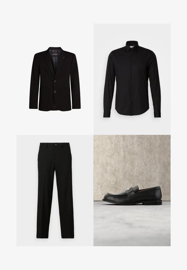 Blazer noir en tissu lisse, avec deux poches avant, revers crantés, fermeture à deux boutons et un accent logo subtil sur le revers.; Chemise noire à manches longues en tissu lisse. Dotée d'un col classique, d'un patte de boutonnage et d'un ourlet droit. Aucune motif ou accent présent.; Pantalon noir en tissu lisse, avec une coupe droite, une fermeture à bouton à la taille, et sans motifs ni accents visibles.; Mocassin en cuir noir avec une plaque de marque en métal reposant près d'une table ronde marron sur un sol recouvert de moquette beige.