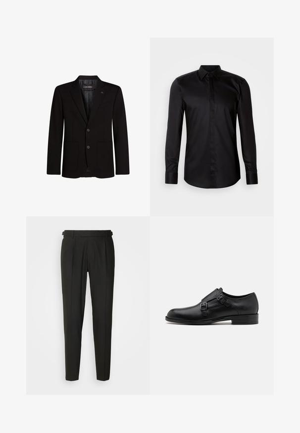 Blazer negro hecho de tejido suave, con dos bolsillos frontales, solapas muestradas, cierre de dos botones y un sutil acento de logo en la solapa.; Camisa negra de manga larga con botones, confeccionada en tela suave. Cuenta con cuello clásico, abotonadura frontal y puños de contraste.; Pantalones negros ajustados con frontales lisos, dos pliegues, trabillas para cinturón y diseño de pierna recta. Fabricados con una tela suave y ligera.; Zapato de vestir de cuero negro con doble hebilla, silueta elegante y punta redonda. Cuenta con un tacón bajo y una textura suave.