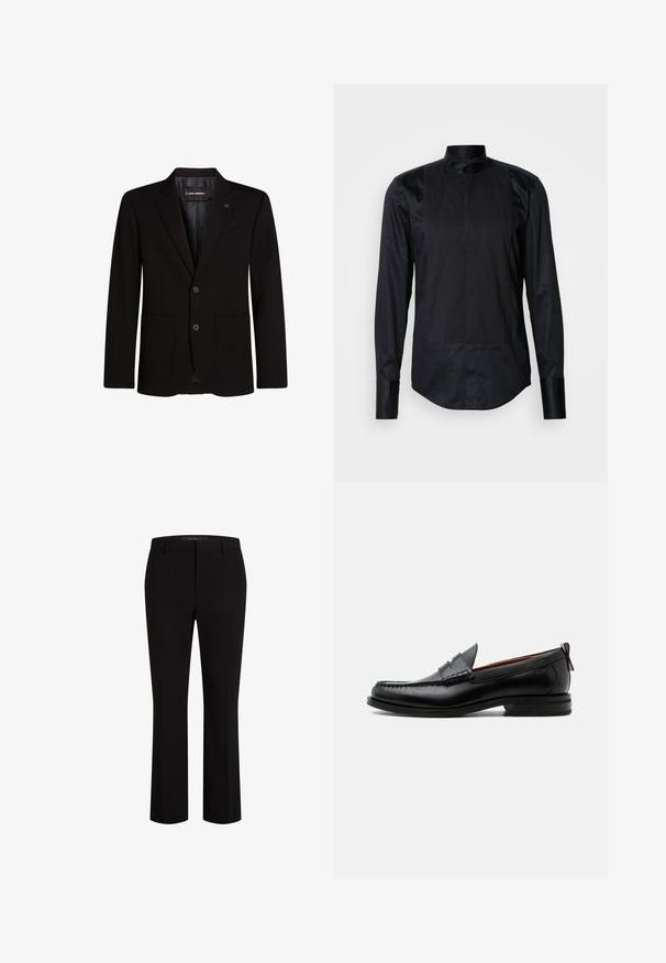 Blazer negro hecho de tejido suave, con dos bolsillos frontales, solapas muestradas, cierre de dos botones y un sutil acento de logo en la solapa.; Camisa negra de manga larga con cuello mao, panel frontal con rayas verticales y textura suave. Completa con cierres de botón.; Pantalones negros de corte ajustado, confeccionados con una tela suave, que presentan un diseño de pierna recta, con trabillas para cinturón y bolsillos frontales para mayor funcionalidad.; Mocasín de hombre de piel negra con costura moc toe, tira penny, cuello texturizado y tacón bajo apilado sobre fondo blanco.