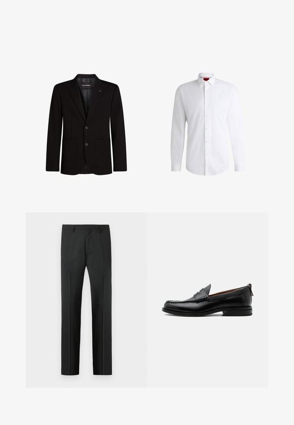 Blazer noir en tissu lisse, avec deux poches avant, revers crantés, fermeture à deux boutons et un accent logo subtil sur le revers.; Chemise blanche à manches longues en tissu lisse avec un col classique et un ourlet arrondi. Présente des boutons beiges à l'avant.; Pantalon habillé noir sur mesure avec passants de ceinture et un pli devant, présenté sur un fond gris clair.; Mocassin homme en cuir noir avec couture moc toe, bride penny, col texturé et petit talon empilé sur fond blanc.