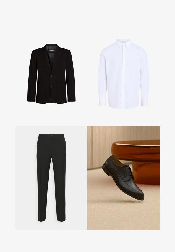 Blazer noir en tissu lisse, avec deux poches avant, revers crantés, fermeture à deux boutons et un accent logo subtil sur le revers.; Chemise blanche à manches longues avec col classique, en tissu lisse, avec une patte de boutonnage devant et un ourlet arrondi.; Pantalons noirs ajustés à coupe droite, dotés d'une fermeture à un bouton et de passants de ceinture. Tissu lisse, mat et sans motifs.; Chaussure habillée en cuir noir à lacets flottant au-dessus d'un tapis beige, avec une table ronde orange en arrière-plan.