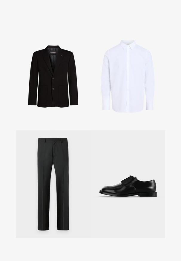Blazer noir en tissu lisse, avec deux poches avant, revers crantés, fermeture à deux boutons et un accent logo subtil sur le revers.; Chemise blanche à manches longues avec col classique, en tissu lisse, avec une patte de boutonnage devant et un ourlet arrondi.; Pantalon habillé noir sur mesure avec passants de ceinture et un pli devant, présenté sur un fond gris clair.; Chaussure de ville pour homme en cuir noir avec lacets, finition lisse et talon bas, vue de profil sur un fond clair uni.