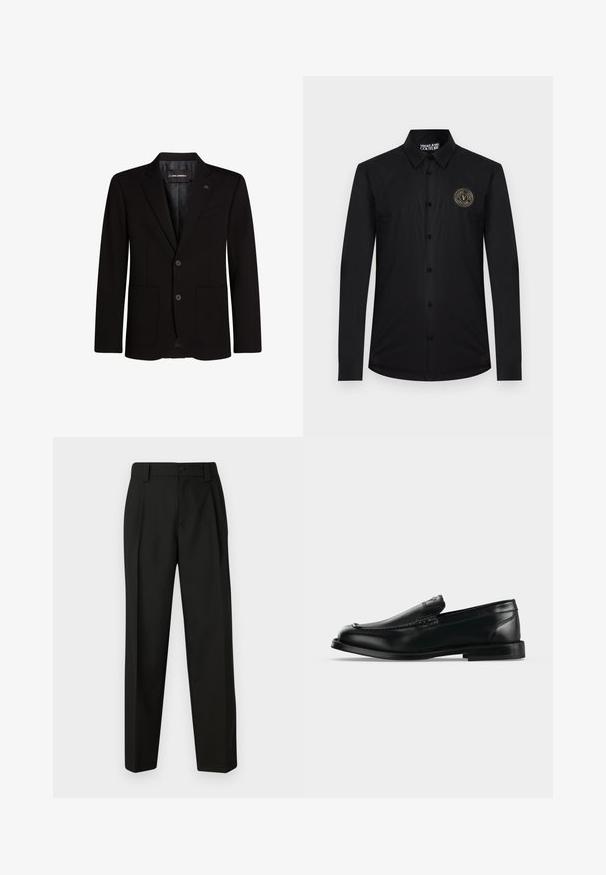 Zwarte blazer van gladde stof, met twee voorzakken, schouderflappen, een sluiting met twee knopen en een subtiele logo-accent op de lapel.; Zwart lang shirt met knopen, lange mouwen, kraag en Versace Jeans Couture-logo op de linkerborst.; Zwarte op maat gemaakte broek van gladde stof. Kenmerkt zich door een rechte pijp, een enkele knoopsluiting en riemlussen. Geen zichtbare patronen of accenten.; Zwarte leren loafer met lage hak, ronde neus en gestikte details langs de bovenkant.