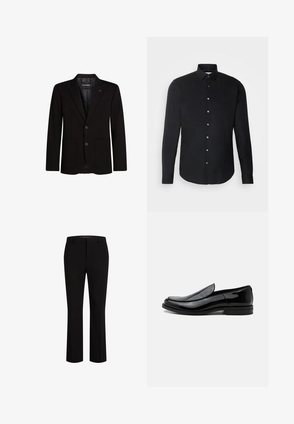 Blazer noir en tissu lisse, avec deux poches avant, revers crantés, fermeture à deux boutons et un accent logo subtil sur le revers.; Chemise noire à manches longues avec un col boutonné, boutons sur le devant, ourlet droit et texture lisse ; marquage subtil sur la poitrine.; Pantalons noirs cintrés en tissu lisse, présentant une coupe droite, des passants de ceinture et des poches avant pour une fonctionnalité accrue.; Chaussure de ville noire en cuir brillant à enfiler, avec talon bas et bout arrondi, vue de côté sur fond blanc uni.