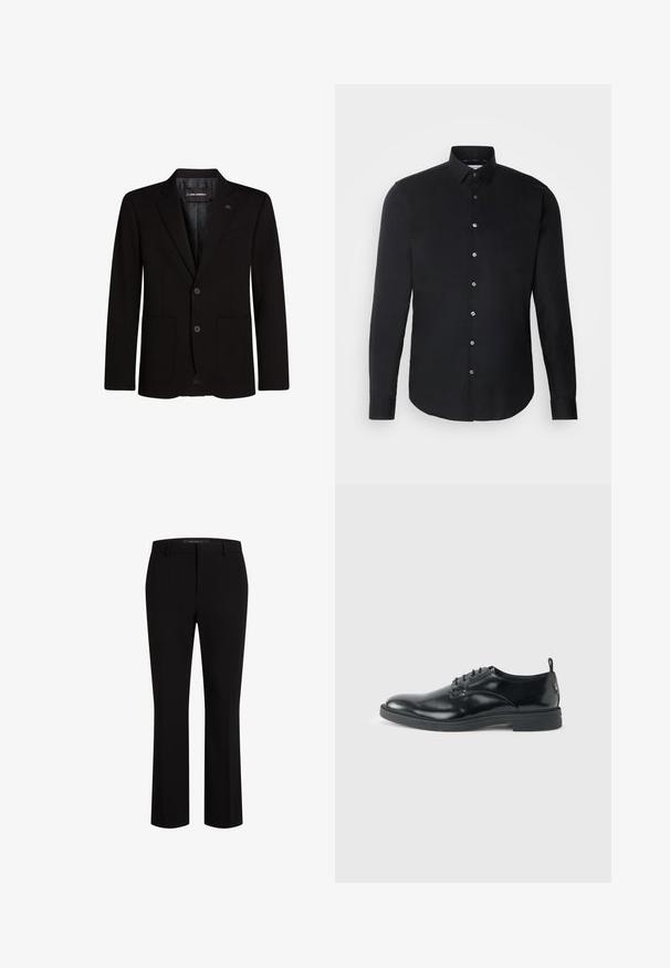 Blazer noir en tissu lisse, avec deux poches avant, revers crantés, fermeture à deux boutons et un accent logo subtil sur le revers.; Chemise noire à manches longues avec un col boutonné, boutons sur le devant, ourlet droit et texture lisse ; marquage subtil sur la poitrine.; Pantalons noirs cintrés en tissu lisse, présentant une coupe droite, des passants de ceinture et des poches avant pour une fonctionnalité accrue.; Chaussure habillée en cuir noir brillant avec un petit talon, fermeture à lacets et bout rond, vue de côté sur un fond uni et clair.
