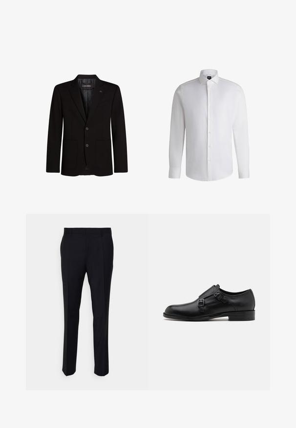 Blazer noir en tissu lisse, avec deux poches avant, revers crantés, fermeture à deux boutons et un accent logo subtil sur le revers.; Chemise blanche à manches longues en coton lisse, dotée d'un col classique, d'une patte de boutonnage complète et de poignets à bouton. Design minimaliste.; Pantalon noir en tissu tissé, à coupe ajustée, avec un devant plat, des poches latérales et une coupe droite.; Chaussure habillée en cuir noir avec double boucle, silhouette élégante et bout rond. Dispose d'un petit talon et d'une texture lisse.