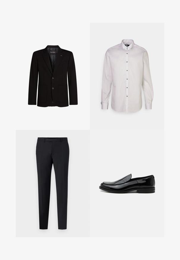 Schwarzer Blazer aus glattem Stoff, mit zwei vorderen Taschen, geknöpften Revers, Zwei-Knopf-Verschluss und einem dezenten Logo-Detail am Revers.; KARL LAGERFELD MODERN - Hemd - white; Schwarze maßgeschneiderte Hose mit slim Fit, mit flacher Vorderseite, Gürtelschlaufen und ohne sichtbare Muster oder Akzente. Glatte Textur.; Schwarzer glänzender Lederslipper mit niedrigem Absatz und abgerundeter Spitze, seitlich auf weißem Hintergrund betrachtet.