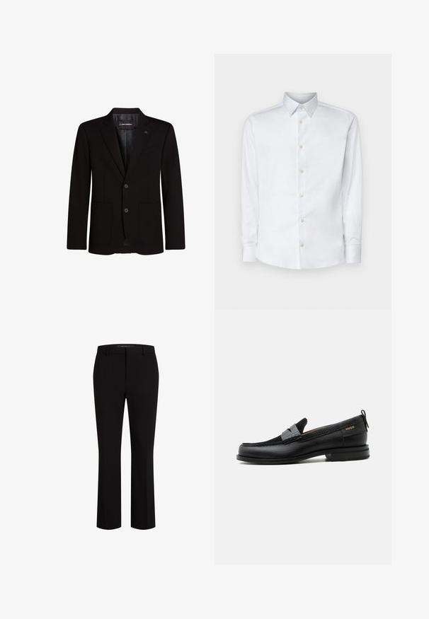 Blazer noir en tissu lisse, avec deux poches avant, revers crantés, fermeture à deux boutons et un accent logo subtil sur le revers.; Chemise blanche à manches longues en tissu lisse, dotée d'un col classique, d'une patte de boutonnage et de poignets avec boutons, présentée sur un fond uni.; Pantalons noirs cintrés en tissu lisse, présentant une coupe droite, des passants de ceinture et des poches avant pour une fonctionnalité accrue.; Mocassin en cuir noir avec détail de bride grise, talon bas et semelle texturée, marqué "HUGO" en or sur le côté.