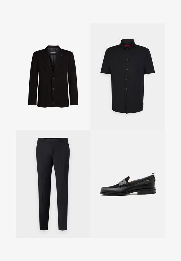 Zwarte blazer van gladde stof, met twee voorzakken, schouderflappen, een sluiting met twee knopen en een subtiele logo-accent op de lapel.; Korte mouw zwarte button-up shirt gemaakt van een gladde stof, met een klassieke kraag en subtiele rode logo-detail aan de zoom.; Zwarte op maat gemaakte broek met een slim fit, met een platte voorkant, riemlussen en geen zichtbare patronen of accenten. Glad textuur.; Zwarte leren loafer met grijs riemdetailelement, lage hak en gestructureerde zool, aan de zijkant gebrandmerkt met "HUGO" in goud.