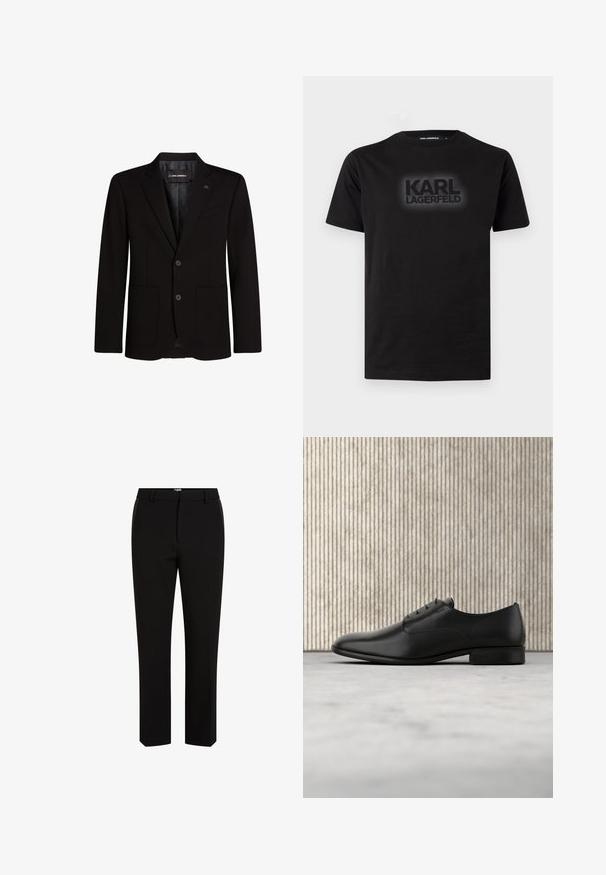 Blazer noir en tissu lisse, avec deux poches avant, revers crantés, fermeture à deux boutons et un accent logo subtil sur le revers.; T-shirt noir à manches courtes et col rond avec le logo "KARL LAGERFELD" imprimé en lettres foncées au centre de la poitrine.; Pantalons noirs à coupe droite, en tissu lisse. Comprend une taille avec passants de ceinture et des accents verticaux sur les côtés.; Chaussure habillée en cuir noir au design épuré, à bout arrondi, avec cinq œillets pour les lacets et un petit talon rehaussé. Détail du logo embossé subtil.