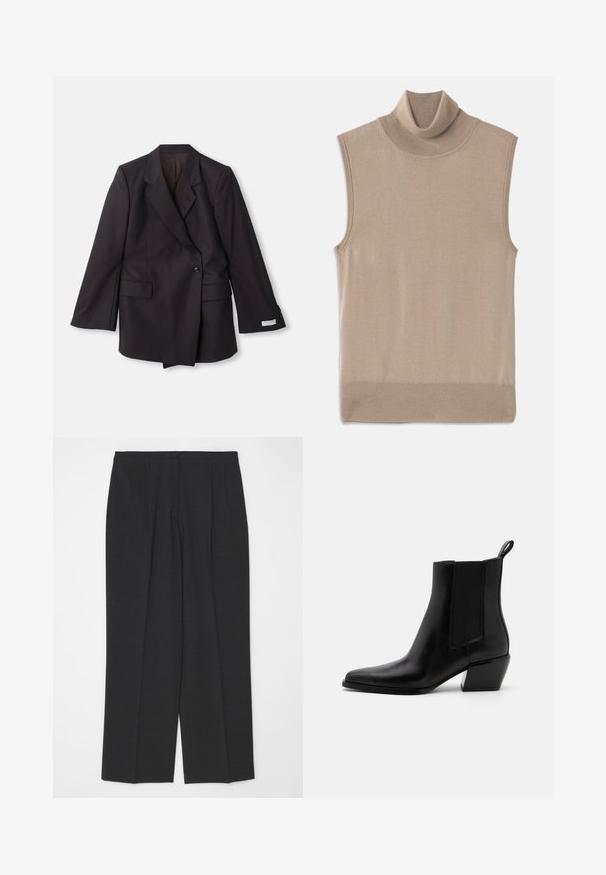 Sort, dobbeltrækker blazer lavet af et glat stof. Har spids klapper, to forlommer og knapdetaljer på ærmerne.; Beige ærmeløs strikket turtleneck sweater med ribbet krave, ærmeåbninger og kant, lagt fladt på en hvid baggrund.; Mørkegrå skræddersyede bukser med lige ben, der har en enkelt knaplukning og to for-pliéer, glat tekstur og ingen pynt.; Sorte læder ankelstøvler med spidse tæer, elastiske sidepaneler og en lav blokhæl. Har en pull-tab ved hælen for nem påtagning.