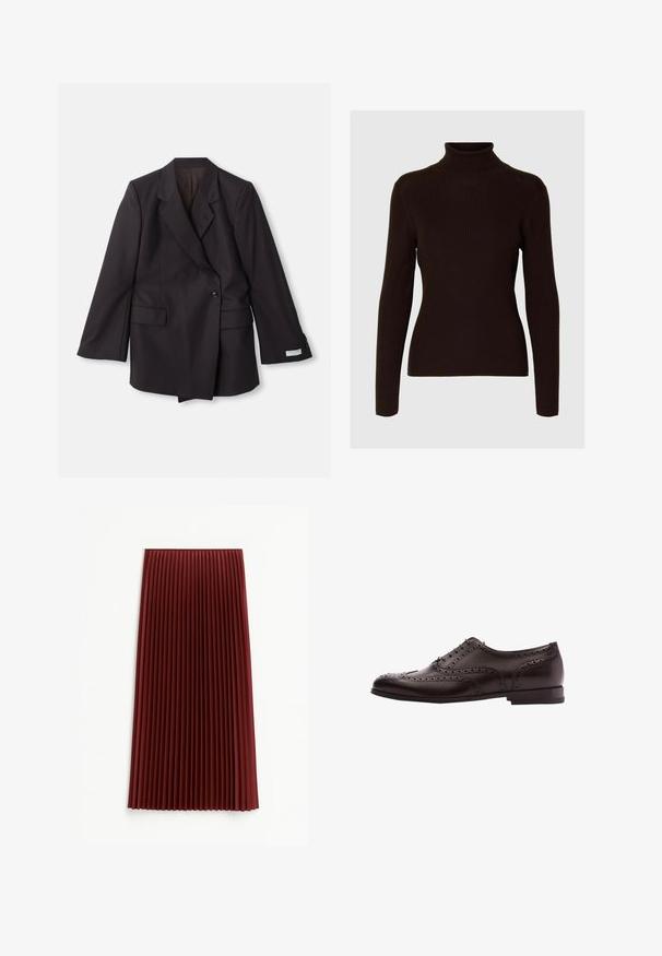 Blazer negro de doble botonadura hecho de una tela suave. Cuenta con solapas con muescas, dos bolsillos frontales y detalles de botones en las mangas.; Suéter de tortuga de color marrón oscuro con acanalado, mangas largas y un diseño ajustado. Textura suave y estilo de cuello alto.; Falda midi plisada en rojo profundo, con un tejido texturizado y pliegues verticales uniformemente espaciados. El dobladillo llega aproximadamente a la mitad de la pantorrilla.; Zapato de vestir de cuero marrón con detalles de brogue, cierre con cordones, puntera redondeada y un tacón bajo apilado. Acabado pulido y perforaciones intrincadas.