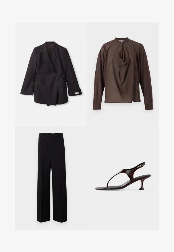Sort, dobbeltrækker blazer lavet af et glat stof. Har spids klapper, to forlommer og knapdetaljer på ærmerne.; Brun bluse med lange ærmer, høj krave, enkelt frontknap og draperet stofdetalje på midten foran.; Sorte brede bukser med flad front, knaplukning og glat stoftekstur. Har en lige pasform og skarpe linjer.; Mørkebrun laklædersandal med rem bagpå, lille hæl og tårem på hvid baggrund.