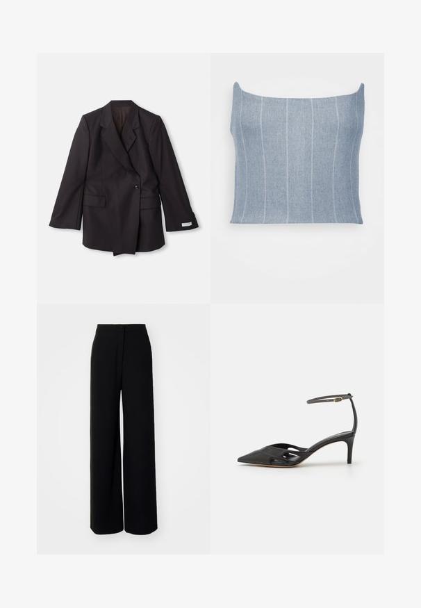 Čierny dvojradový blejzer vyrobený z hladkej tkaniny. Obsahuje klopové límce, dve predné vrecká a gombíkovú ozdobu na rukávoch.; Ioana Ciolacu CORSET - Top - grey; Čierne široké nohavice s vysokým pásom, hladkou tkaninou, predným zapínaním na gombík a bez viditeľných vreciek, s priliehavým strihom.; Čierna kožená topánka na vysokom opätku s špicatou špičkou, otvorenými stranami a tenkým remienkom okolo členka so zlatým kovovým detailom.