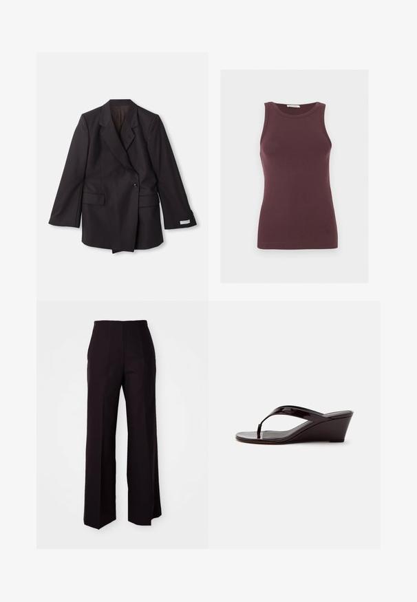 Sort, dobbeltrækker blazer lavet af et glat stof. Har spids klapper, to forlommer og knapdetaljer på ærmerne.; Ærmeløs mørkelilla tætsiddende tanktop med rund halsudskæring og subtilt logo nær kanten, vist på en ensfarvet lys baggrund.; Sorte vide benbukser med høj talje, der har en glat tekstur og subtile frontfolder, skræddersyet til en struktureret pasform.; Brun patentlæder kile-sandal med tåremme og åben tå, vist i sideprofil på en ensfarvet baggrund.