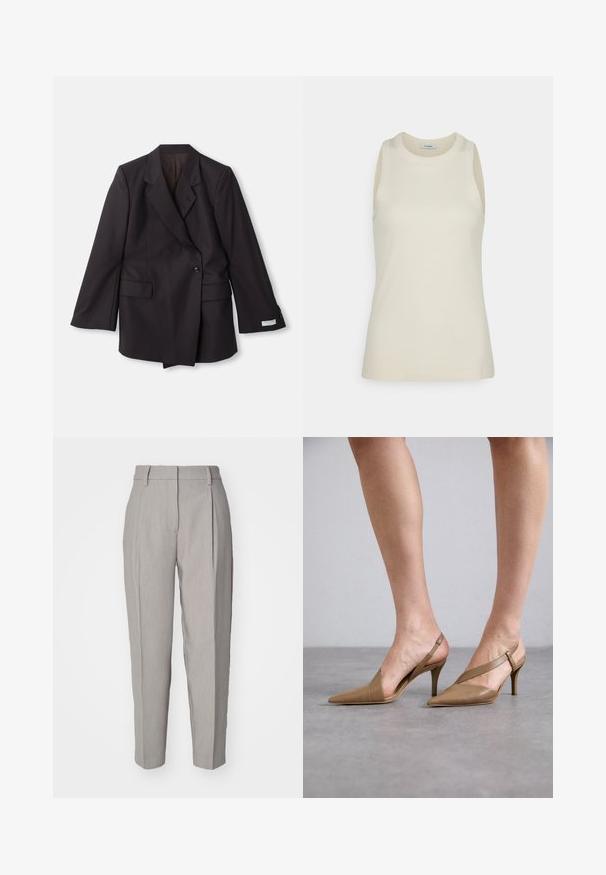 Blazer negro de doble botonadura hecho de una tela suave. Cuenta con solapas con muescas, dos bolsillos frontales y detalles de botones en las mangas.; IVY OAK KLARA ANN - Top - almond milk; Pantalones de corte recto en gris claro con una textura suave, frente plisado y diseño de pierna recta. Presentan trabillas para cinturón y un acabado pulido.; Zapatos de tacón con correa trasera en cuero color cuero, con punteras puntiagudas, tacones delgados y una correa para el tobillo. Textura suave y diseño minimalista.