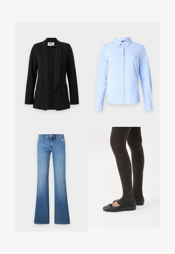 Blazer noir pour femme avec col châle, manches longues et deux poches fendues à l'avant, présenté sur un fond clair uni.; Chemise bleu clair à manches longues avec fines rayures blanches et col pointu, présentée sur un fond uni.; Jean flare bleu clair en denim. Comprend un design à cinq poches, une fermeture par bouton métallique et un léger délavage près des genoux.; Jambes portant des leggings côtelés foncés associés à des ballerines noires avec de petits détails en nœud sur fond blanc.