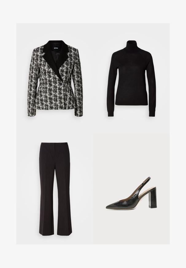 Blazer noir et blanc à double boutonnage avec un motif pied-de-coq, revers crantés et boutons noirs. Tissu texturé avec une coupe structurée.; Pull à col roulé noir en tissu tricot léger. Avec des manches longues et une silhouette ajustée dotée de coutures raglan.; Pantalons larges à rayures noires, en tissu lisse, avec une taille mi-haute et un design frontal épuré. Pas de poches visibles.; Chaussure slingback en cuir noir à bout pointu avec un talon bloc haut et une doublure intérieure beige sur un fond clair uni.