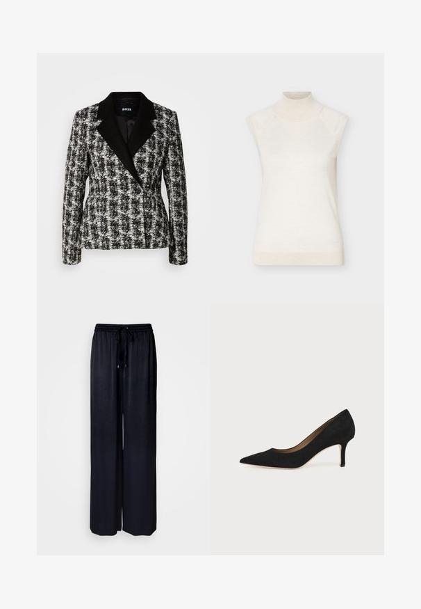 Blazer noir et blanc à double boutonnage avec un motif pied-de-coq, revers crantés et boutons noirs. Tissu texturé avec une coupe structurée.; Pull sans manches à col roulé crème avec col et ourlet côtelés, présenté sur un fond clair uni.; Pantalon noir à jambes larges en tissu léger avec taille élastique et cordon de serrage ajustable. Texture lisse sans motifs visibles.; Escarpin en daim noir à bout pointu avec un talon stiletto fin de hauteur moyenne et un design à coupe basse sur un fond uni.