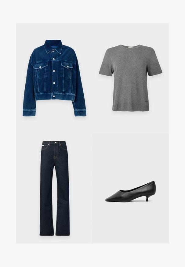 Blauwe corduroy cropped jas met een kraag, twee borstzakken en zilveren drukknoopsluitingen. Textuur met uitgesproken verticale strepen.; Grijs T-shirt met korte mouwen van zachte stof. Ronde hals, relaxte pasvorm, met een subtiel logo bij de zoom. Overal een gladde textuur.; Donkerblauwe spijkerbroek met rechte pijpen, voorzien van oranje stiksels, een knoopsluiting aan de voorkant en een klein label op de tailleband.; Zwarte leren damesschoen met lage hak, puntige neus en kleine kittenhak op een effen lichte achtergrond.