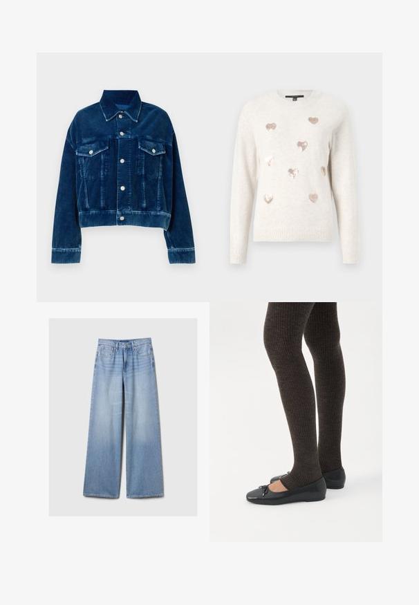 Blå fløjl cropped jakke med krave, to brystlommer og sølvfarvede trykknapper. Teksturerede lodrette striber er fremtrædende.; Lys beige sweater med rund hals, prydet med ni metalhjerteformede pailletter i roseguld. Ribbet manchetter og kant, blød tekstur.; Lyseblå brede denim bukser med forlommer, bælteløkker og lukning med knap og lynlås.; Ben iført mørke ribbede leggings kombineret med sorte balletsko med små sløjfedetaljer på hvid baggrund.