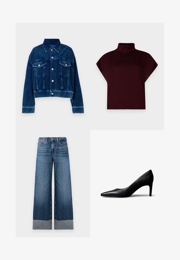 Chaqueta de corté en terciopelo azul con cuello tipo camisa, dos bolsillos en el pecho y botones a presión plateados. Se destacan las rayas verticales texturizadas.; Top corto burdeos con cuello alto simulado, mangas cortas y tela suave y elástica. Sin patrones visibles ni detalles de herrajes.; Vaqueros de pierna ancha en azul con un degradado de denim oscuro a claro, presentando un dobladillo sin acabar y sutilezas en los detalles de costura. Diseño clásico de cinco bolsillos.; Zapato de mujer tipo pump de cuero negro con punta afilada y tacón medio, mostrado de lado sobre un fondo blanco.