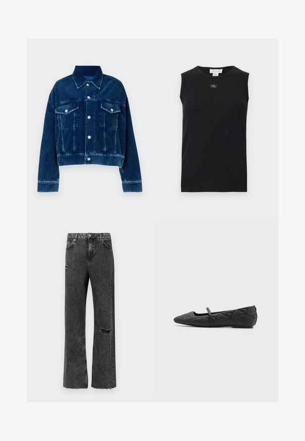 Blå fløjl cropped jakke med krave, to brystlommer og sølvfarvede trykknapper. Teksturerede lodrette striber er fremtrædende.; Sort ærmeløs ribstrikket tanktop med rund halsudskæring og lille Calvin Klein-logo, der er placeret centralt under kraven.; Vidbenede jeans i vasket sort denim med detaljeret slid ved knæet, opskåret kant og standard knapgylp med lommer.; Sort flad sko med spids tå, quiltede geometriske mønstre og en tynd rem over vristen på en ensfarvet baggrund.
