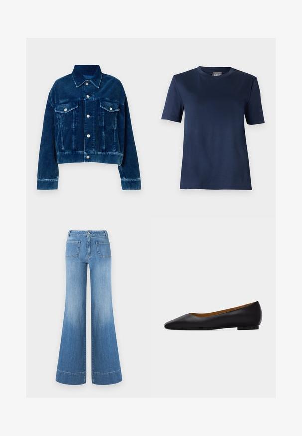 Blå fløjl cropped jakke med krave, to brystlommer og sølvfarvede trykknapper. Teksturerede lodrette striber er fremtrædende.; Marineblå kortærmet T-shirt med rund hals, lige kant og glat stofstruktur, vist på en ensfarvet baggrund.; Lyseblå denim flare jeans med høj talje, med en falmet vask, kontrastsyning og to baglommer. Opkantede flares i bunden.; Sort læder flad sko med spids tå, lav hæl og glat finish, vist fra siden på en lysegrå baggrund.