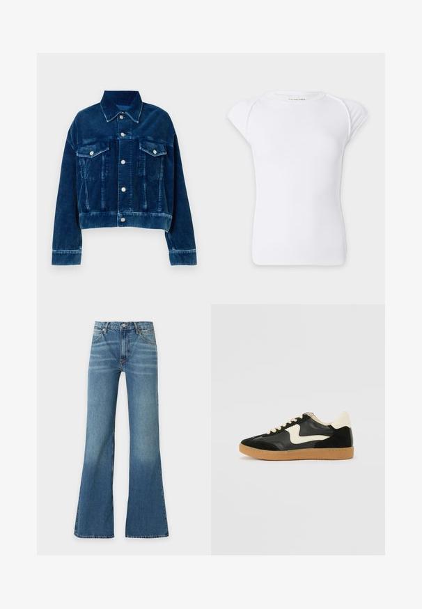 Blå fløjl cropped jakke med krave, to brystlommer og sølvfarvede trykknapper. Teksturerede lodrette striber er fremtrædende.; Hvid kortærmet ribstrikket t-shirt med rund halsudskæring og let hævede skuldre på en ensfarvet baggrund.; Blå denimjeans med høj talje, synlig frontknap og lynlås, forlommer og brede, udvidede ben.; Sorte ruskinds- og lædersneakers med en cremefarvet side-swoosh og lys cremefarvet hæl. Har beige snørebånd og en gummirubber-sål.